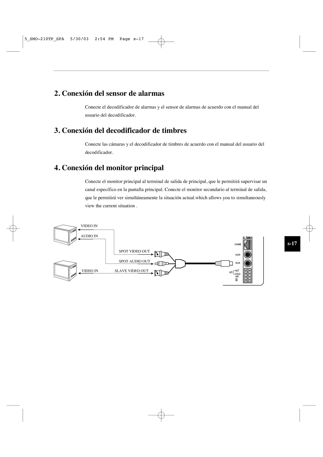 Samsung SMO-210TP Conexión del sensor de alarmas, Conexión del decodificador de timbres, Conexión del monitor principal 