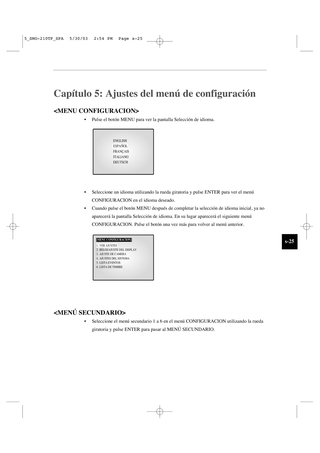 Samsung SMO-210TP manual Capítulo 5 Ajustes del menú de configuración, Menu Configuracion, Menú Secundario 