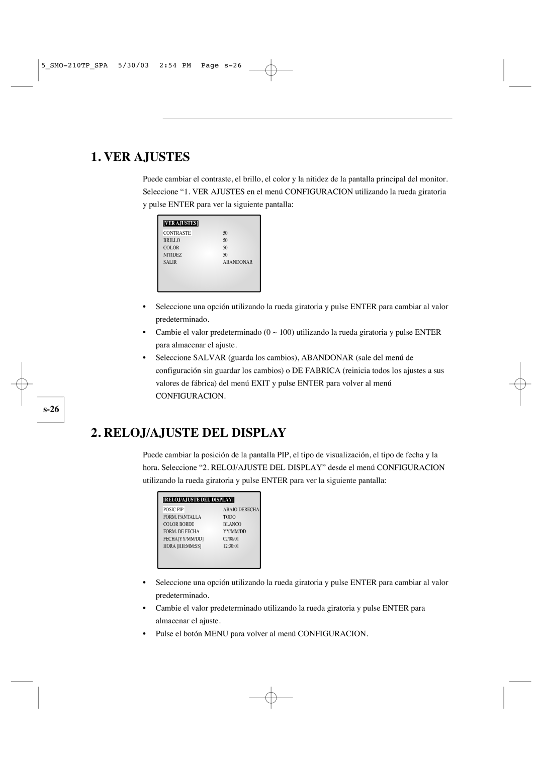 Samsung SMO-210TP manual VER Ajustes, RELOJ/AJUSTE DEL Display, Configuracion 