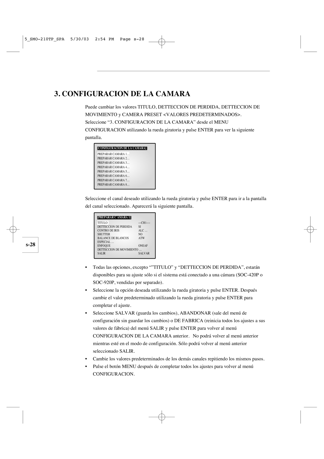 Samsung SMO-210TP manual Configuracion DE LA Camara 