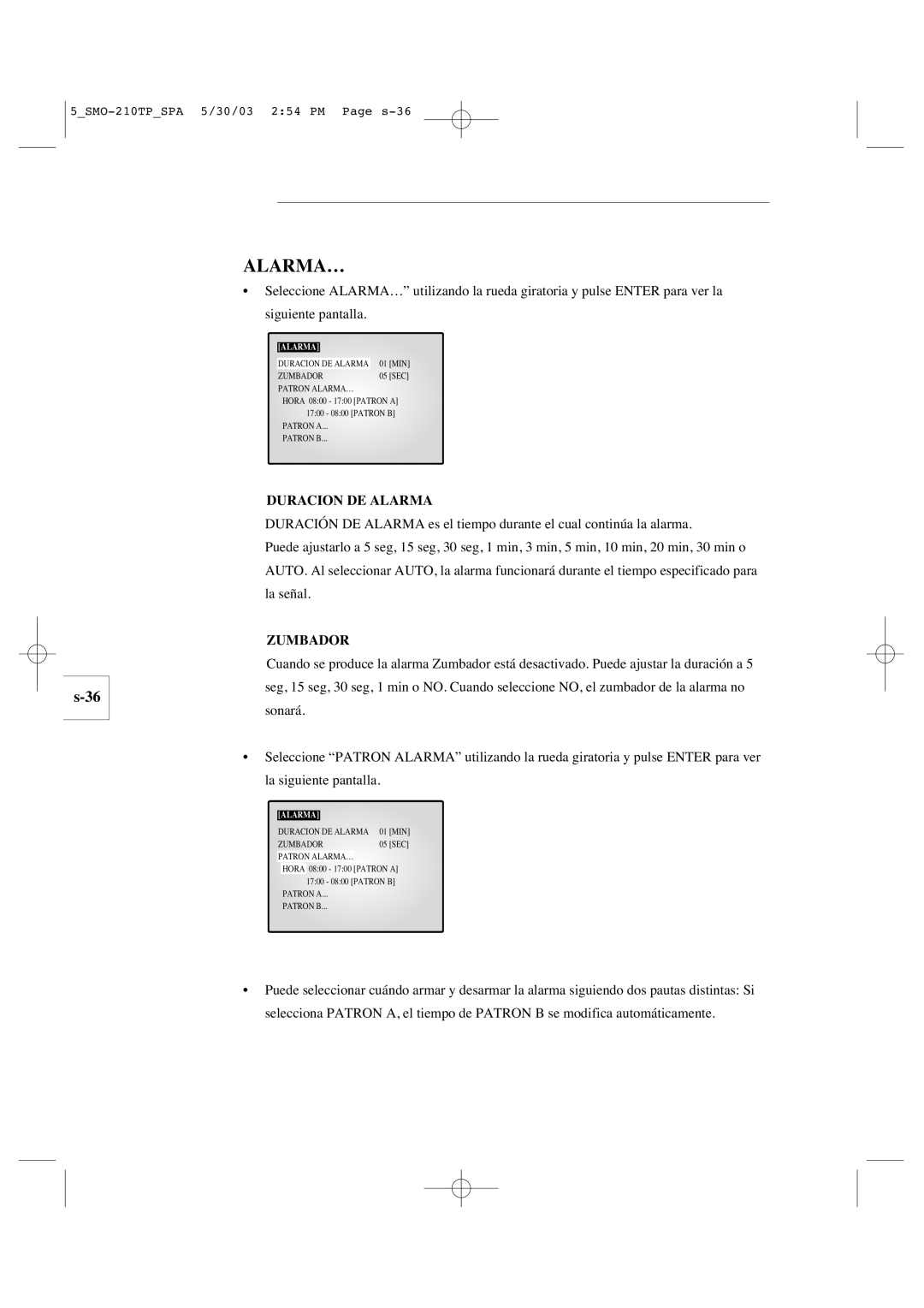 Samsung SMO-210TP manual Alarma…, Duracion DE Alarma, Zumbador 