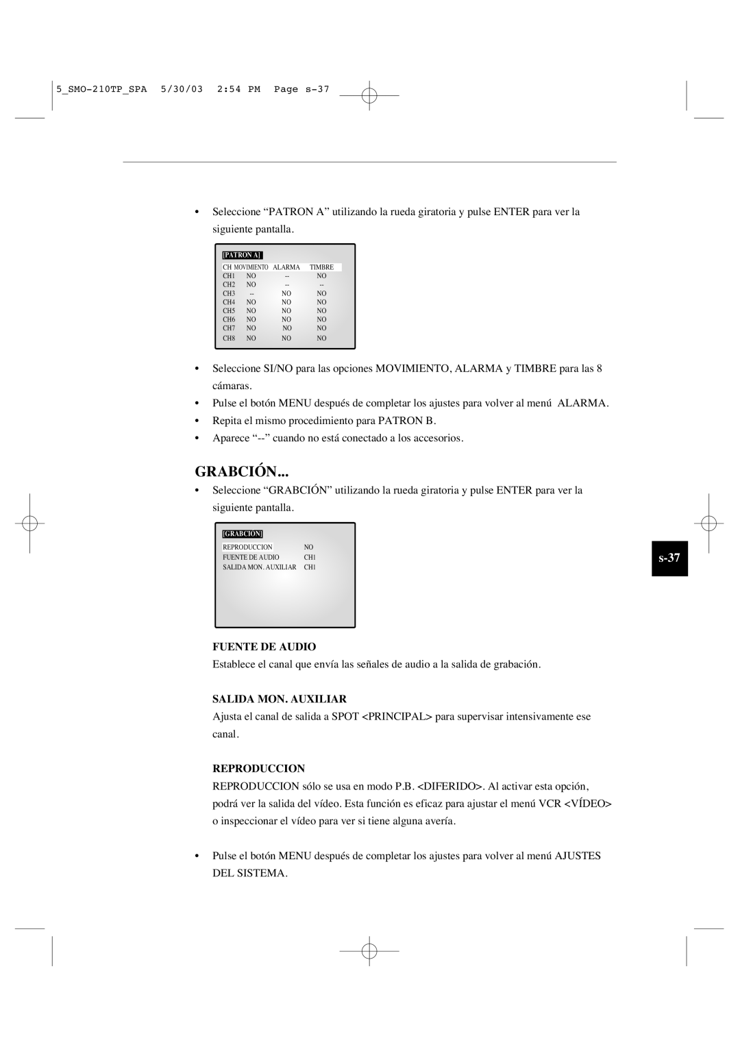 Samsung SMO-210TP manual Grabción, Fuente DE Audio, Salida MON. Auxiliar, Reproduccion 