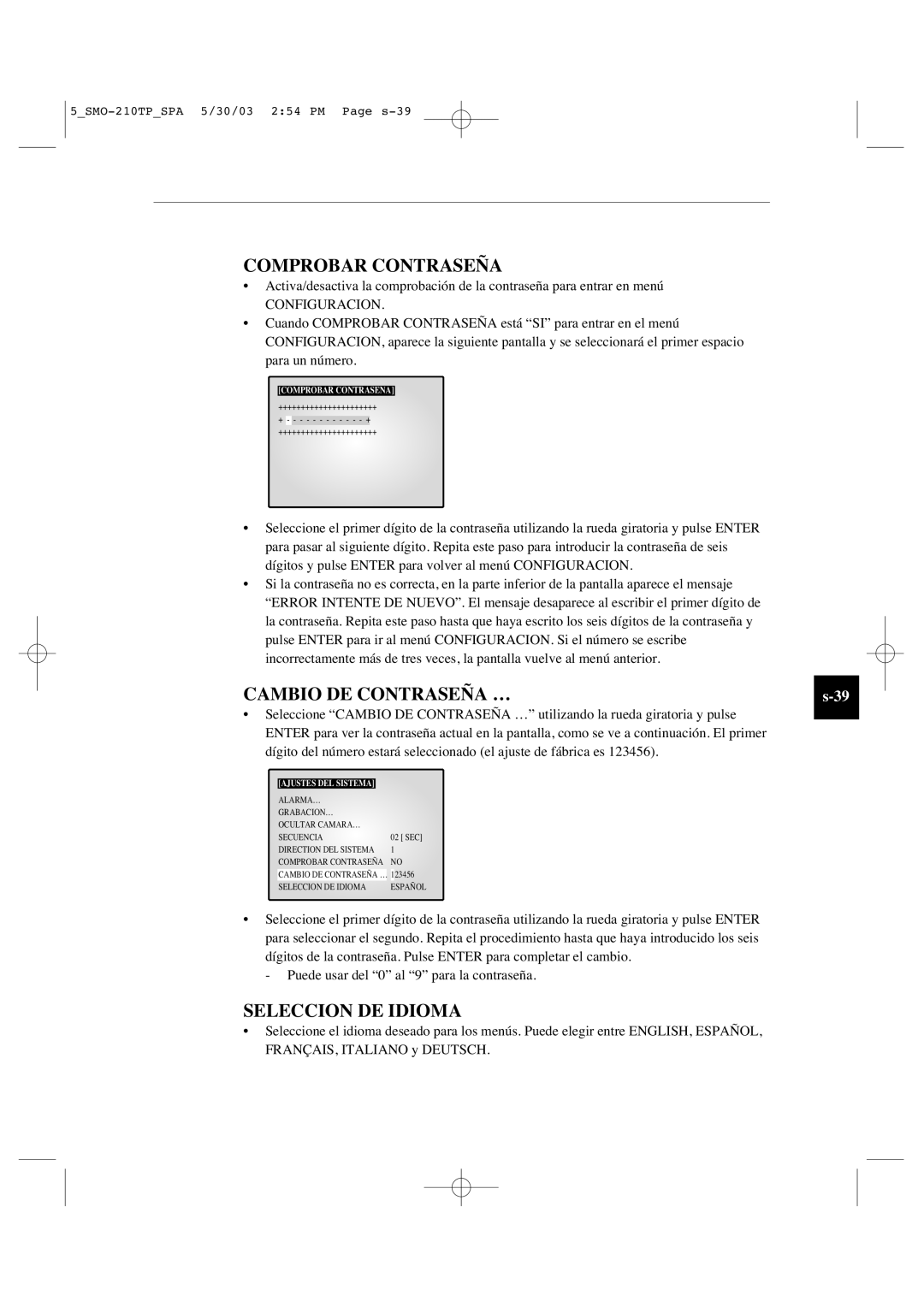 Samsung SMO-210TP manual Comprobar Contraseña, Seleccion DE Idioma 