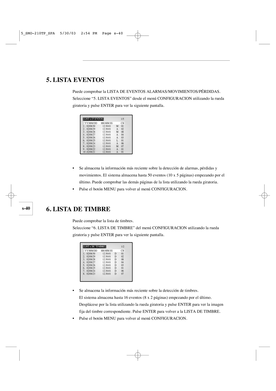 Samsung SMO-210TP manual Lista Eventos, Lista DE Timbre 