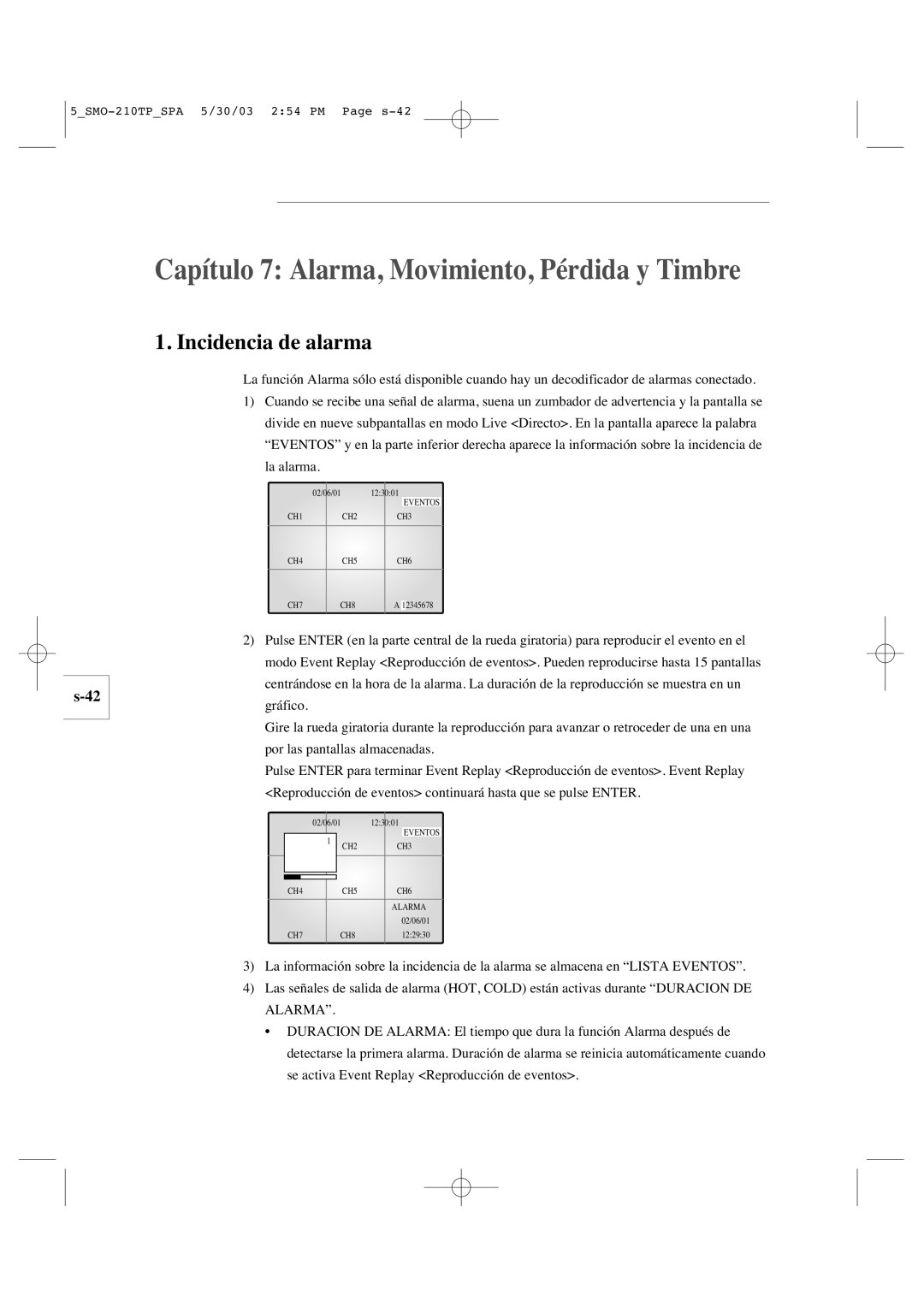 Samsung SMO-210TP manual Capítulo 7 Alarma, Movimiento, Pérdida y Timbre, Incidencia de alarma 