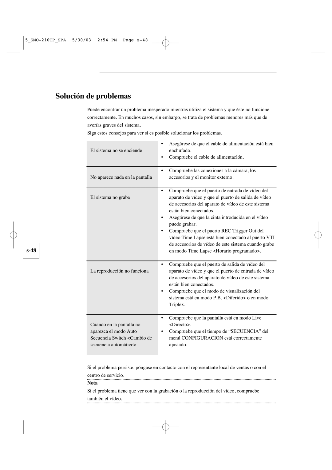 Samsung SMO-210TP manual Solución de problemas, Nota 