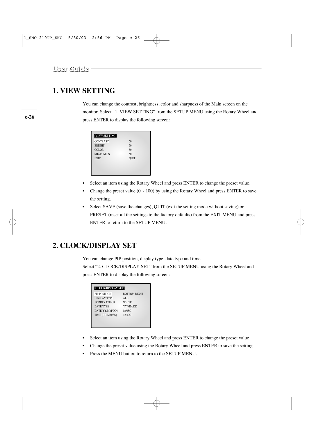 Samsung SMO-210TP manual View Setting, Clock/Display Set 