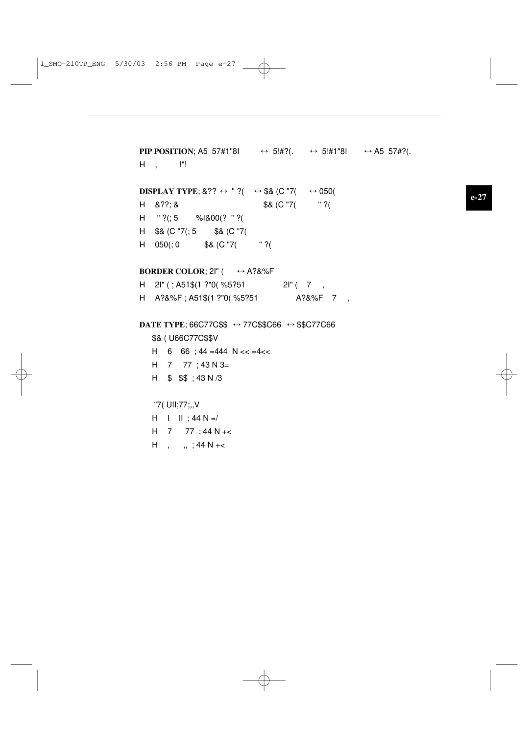 Samsung SMO-210TP manual Display Type ALL ↔ Title ↔ DATE/TIME ↔ None, Border Color White ↔ Black, Time Hhmmss 