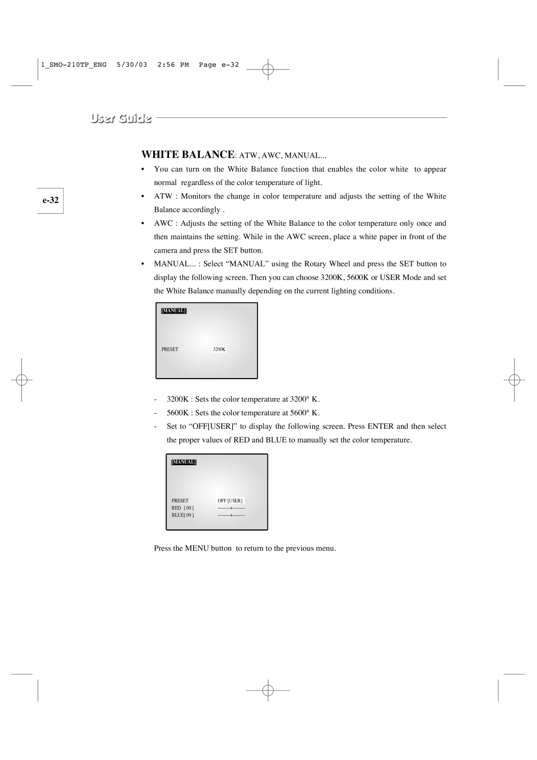 Samsung SMO-210TP manual White Balance ATW, AWC, Manual 