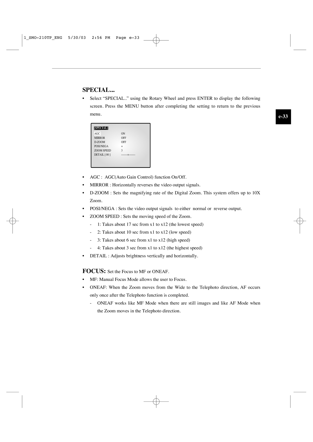 Samsung SMO-210TP manual Special 