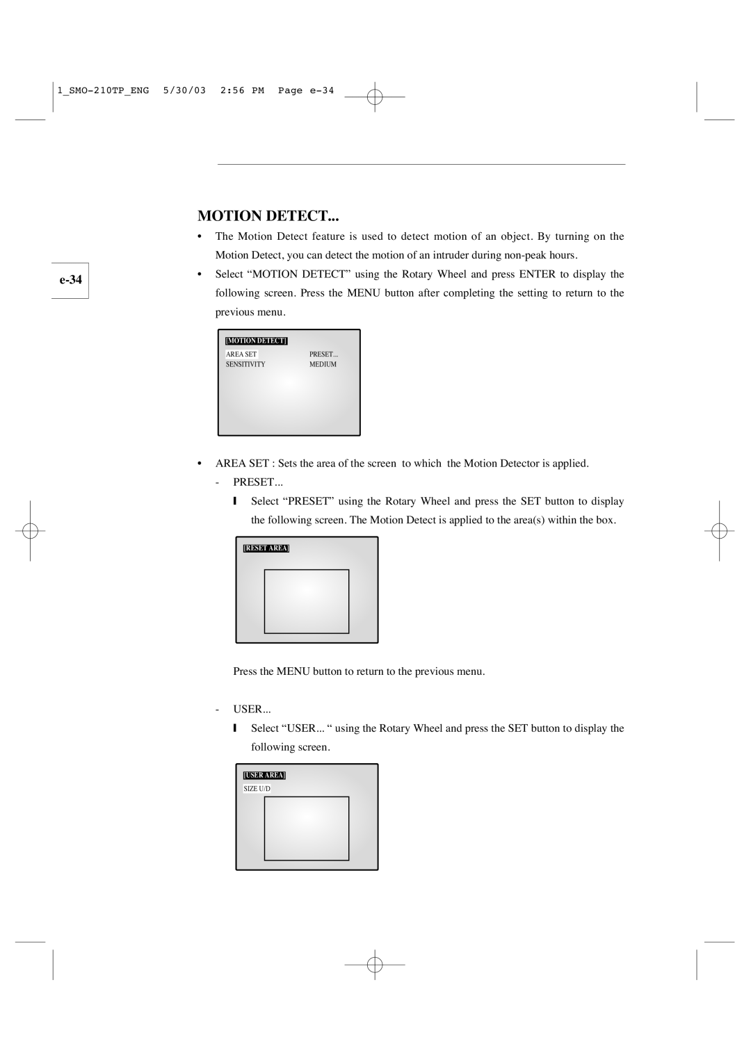 Samsung SMO-210TP manual Motion Detect, Preset 