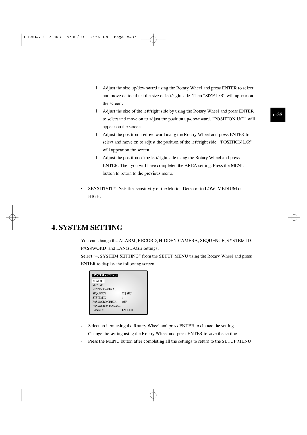 Samsung SMO-210TP manual System Setting 