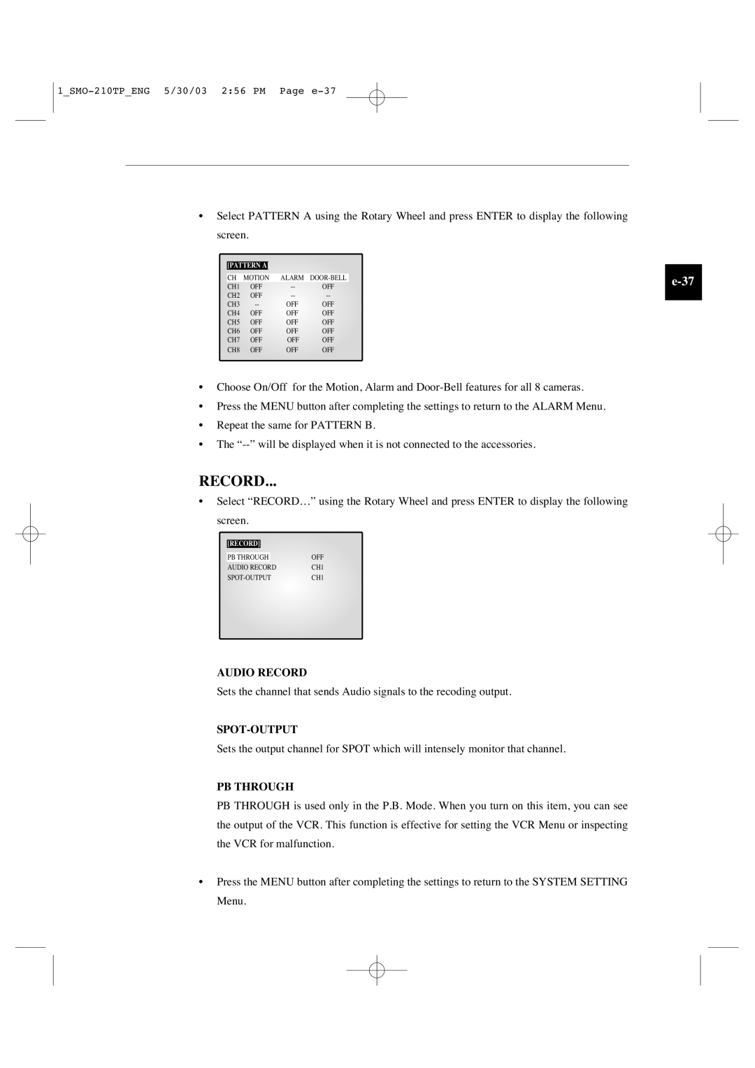 Samsung SMO-210TP manual Audio Record, Spot-Output, PB Through 