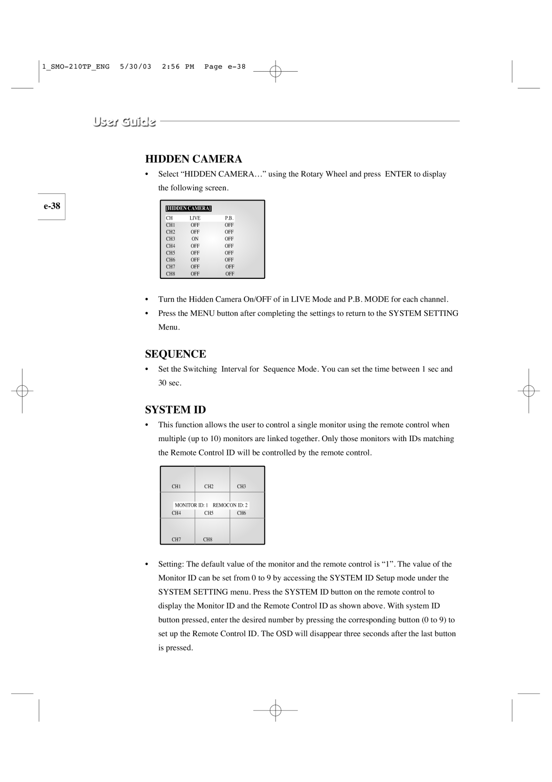 Samsung SMO-210TP manual Hidden Camera, Sequence, System ID 