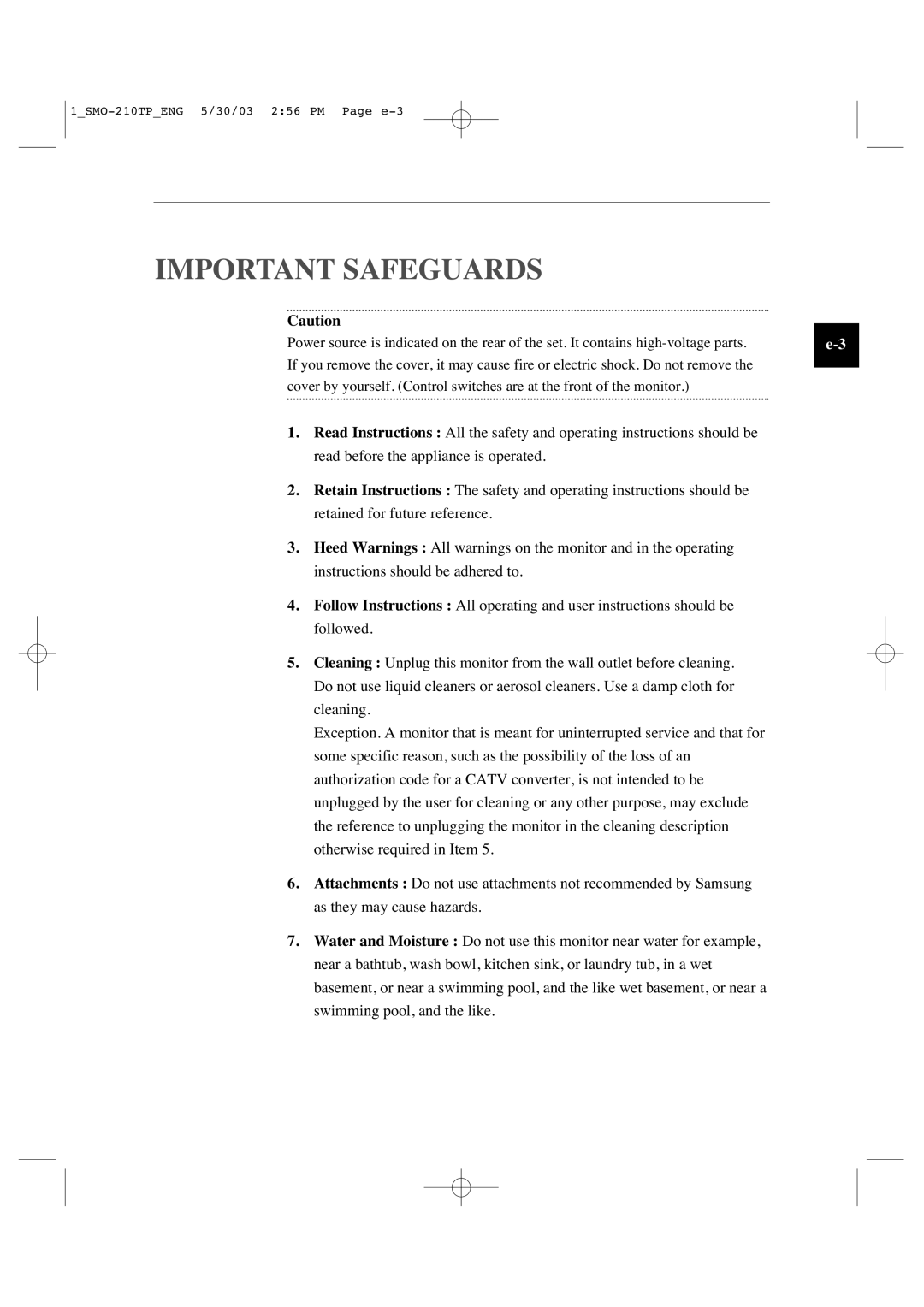 Samsung SMO-210TP manual Important Safeguards 