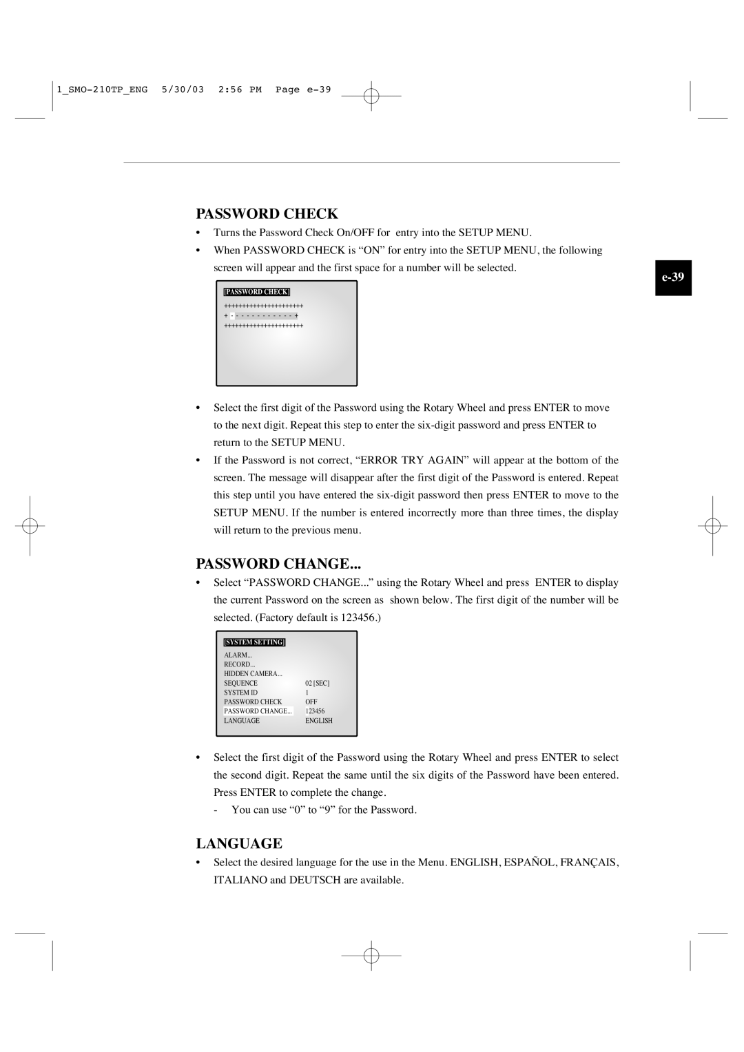 Samsung SMO-210TP manual Password Check, Password Change, Language 