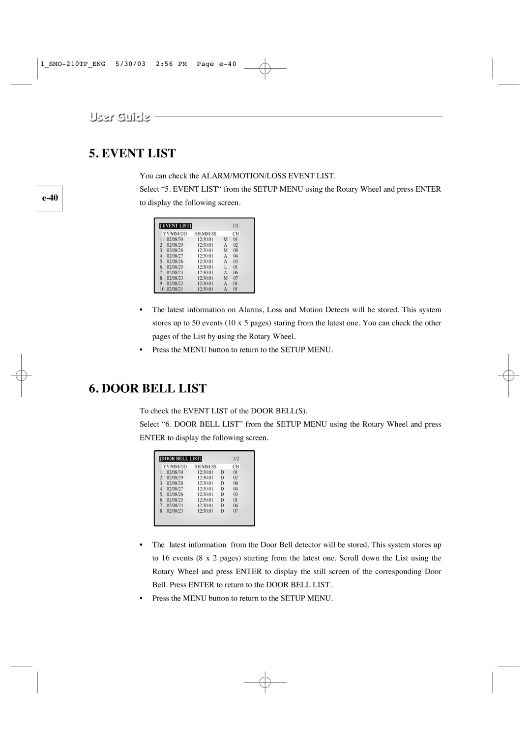 Samsung SMO-210TP manual Event List, Door Bell List 