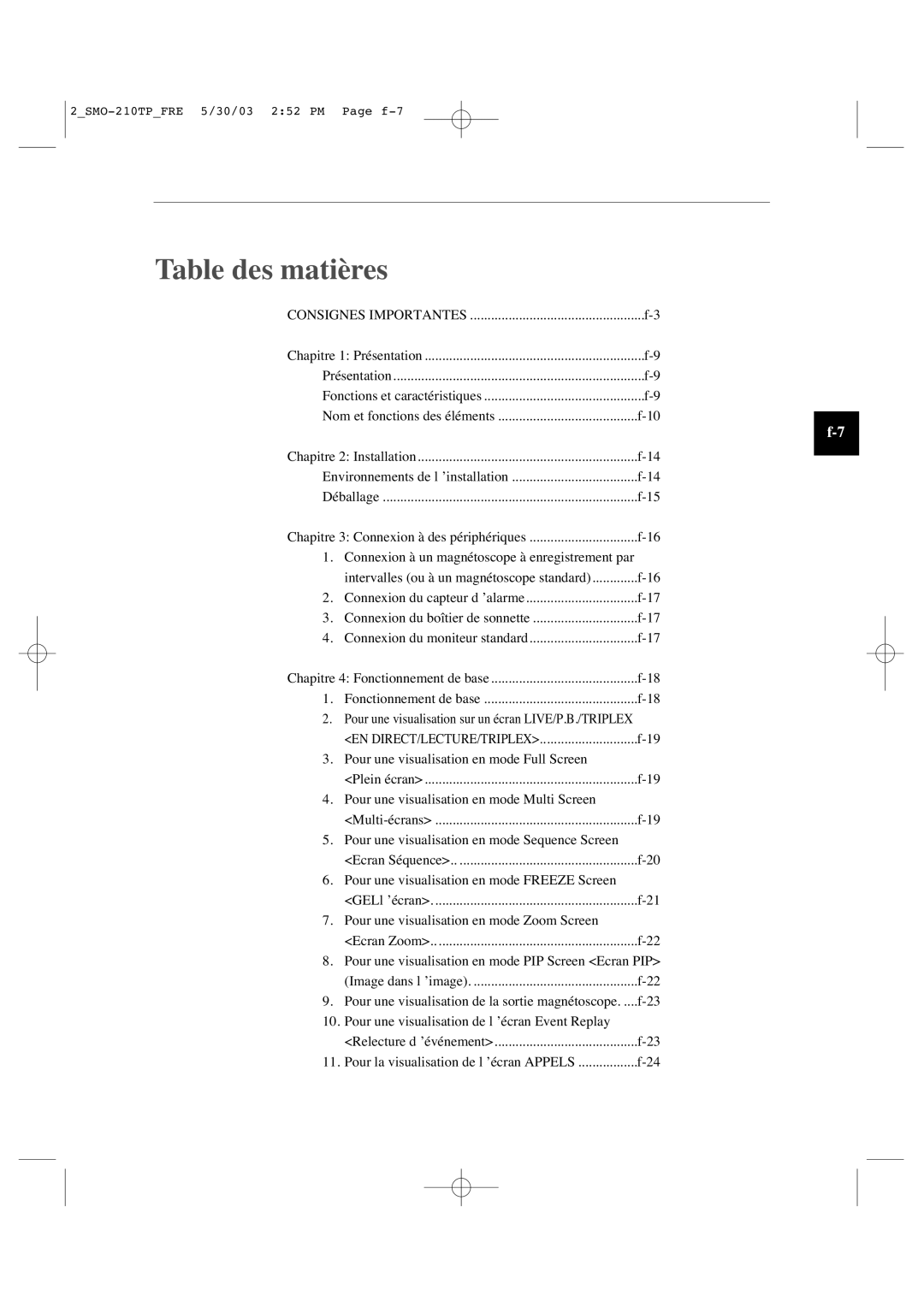 Samsung SMO-210TP manual Table des matières 