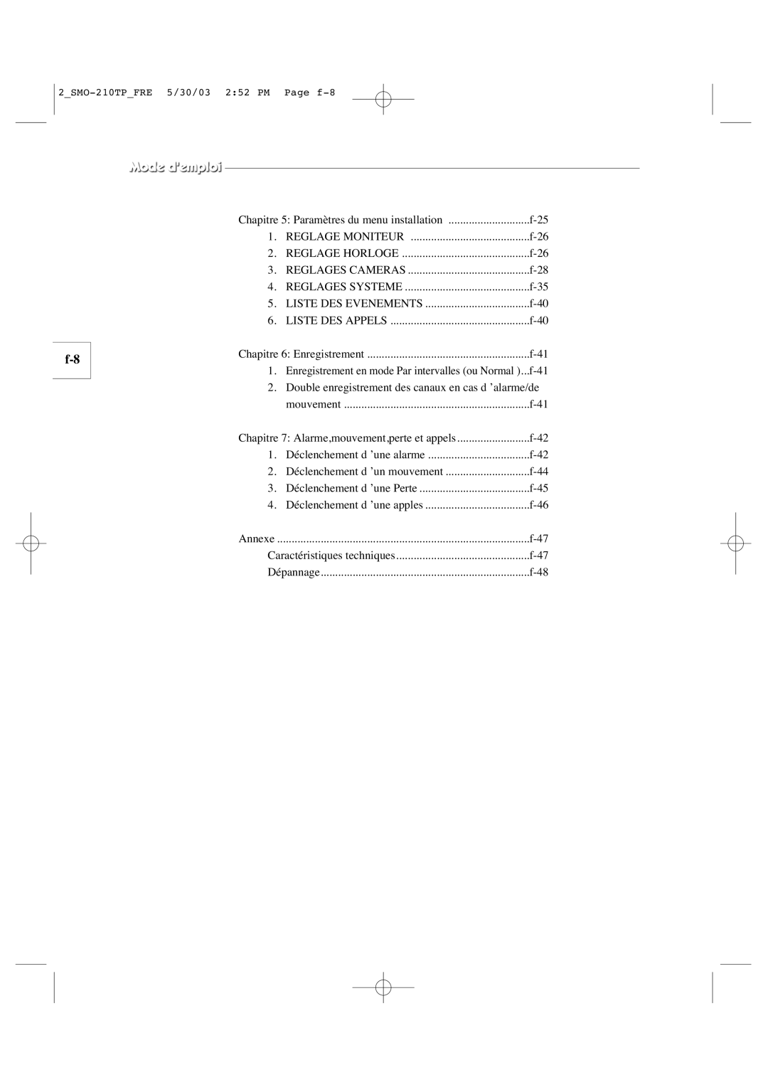 Samsung SMO-210TP manual Chapitre 5 Paramètres du menu installation 