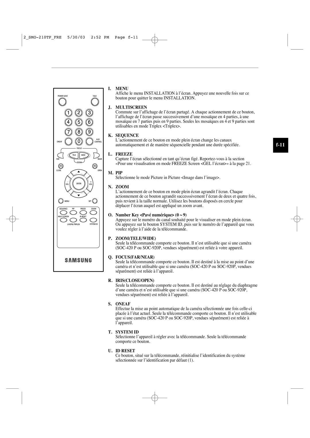 Samsung SMO-210TP manual Menu, Number Key Pavé numérique 0 ~ 