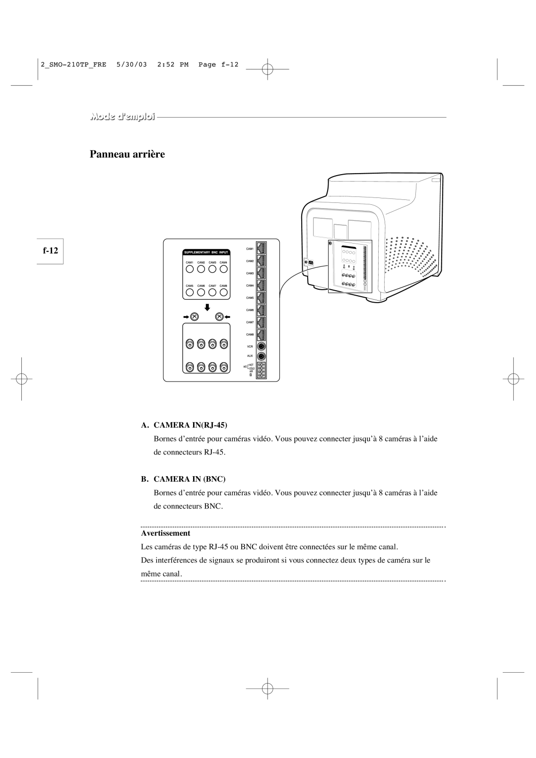 Samsung SMO-210TP manual Panneau arrière, Avertissement 