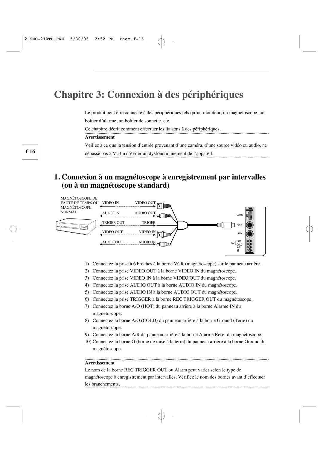 Samsung SMO-210TP manual Chapitre 3 Connexion à des périphériques 