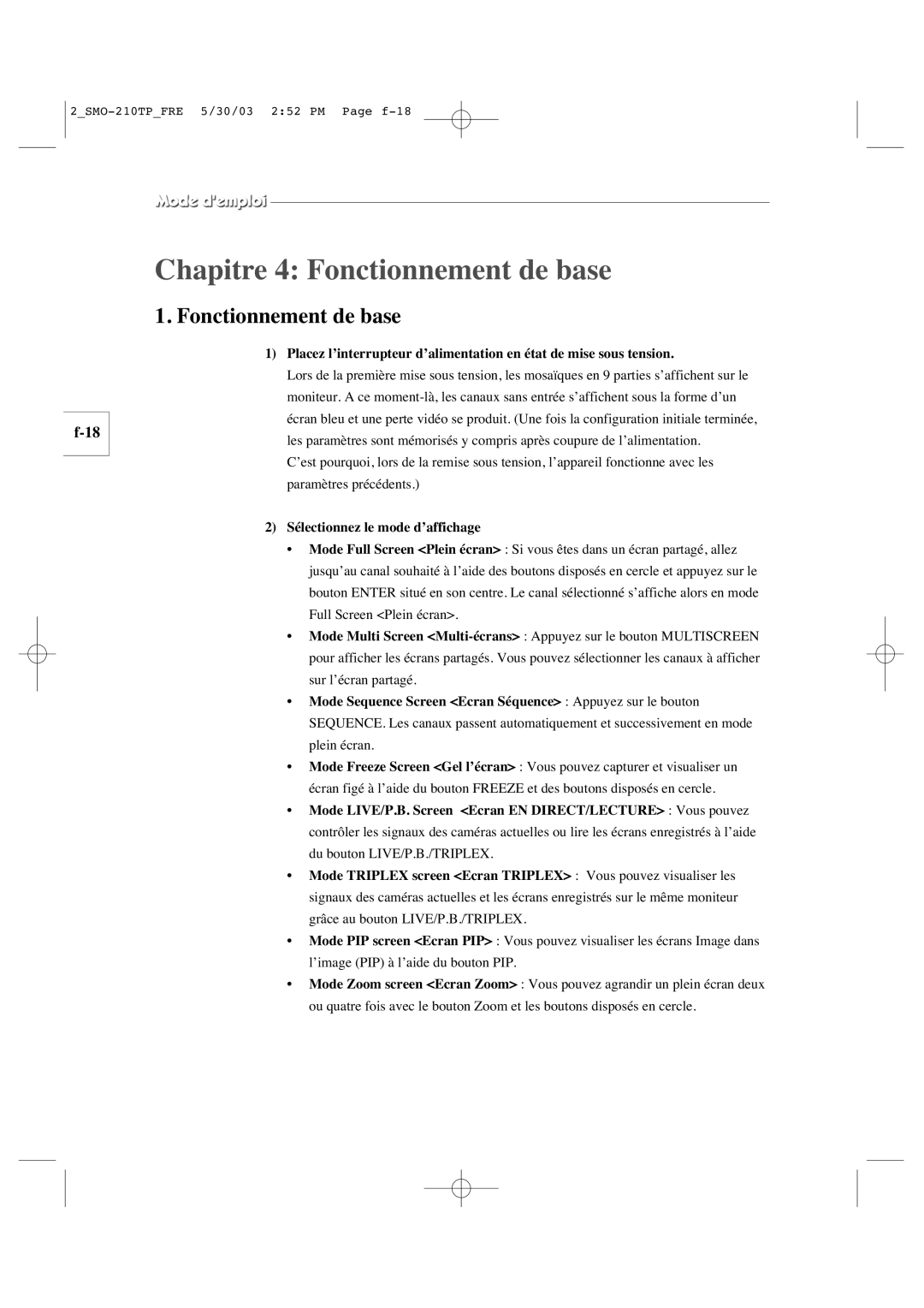 Samsung SMO-210TP manual Chapitre 4 Fonctionnement de base, Sélectionnez le mode d’affichage 