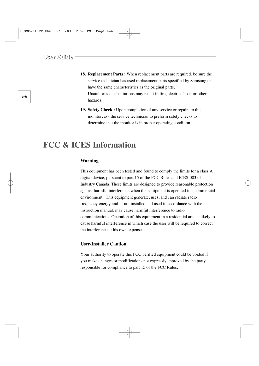 Samsung SMO-210TP manual FCC & Ices Information, User-Installer Caution 