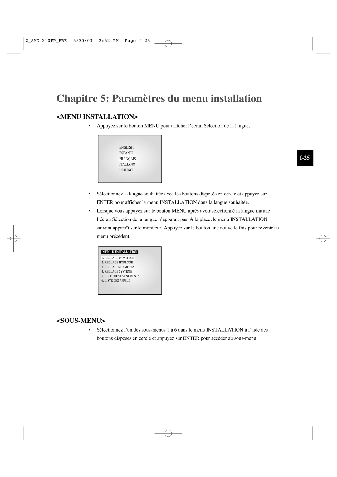 Samsung SMO-210TP manual Chapitre 5 Paramètres du menu installation, Menu Installation, Sous-Menu 