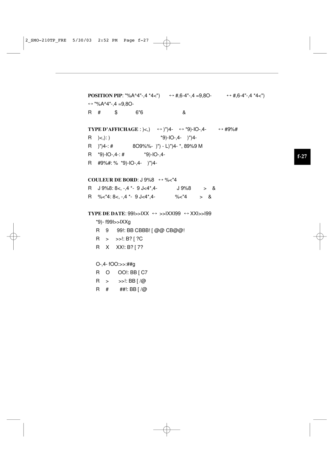 Samsung SMO-210TP manual Type D’AFFICHAGE Tout ↔ Titre ↔ DATE/HEURE ↔ Sans, Couleur DE Bord Blanc ↔ Noir, Heure Hhmmss 