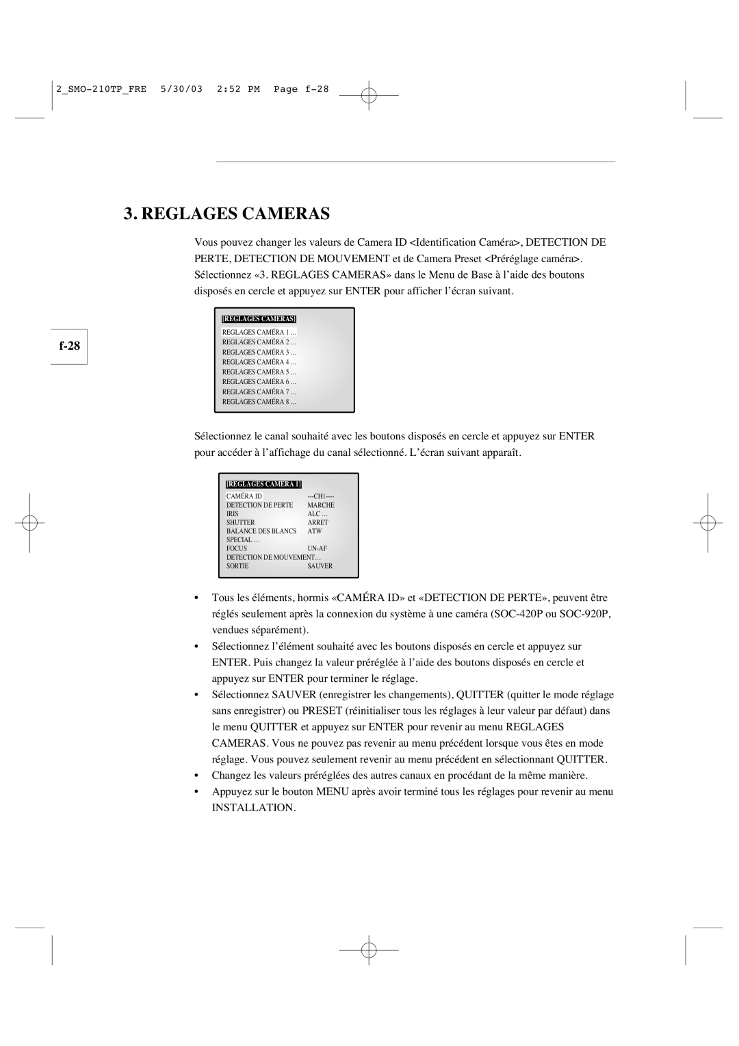 Samsung SMO-210TP manual Reglages Cameras 