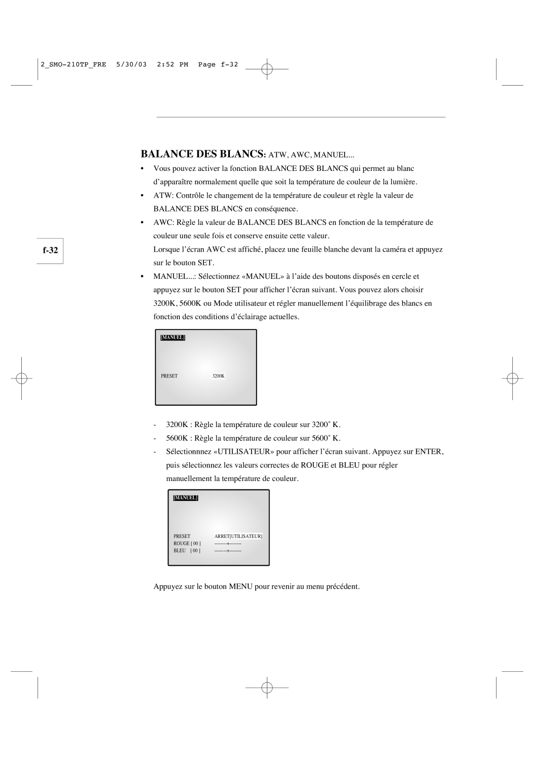 Samsung SMO-210TP manual Balance DES Blancs ATW, AWC, Manuel 