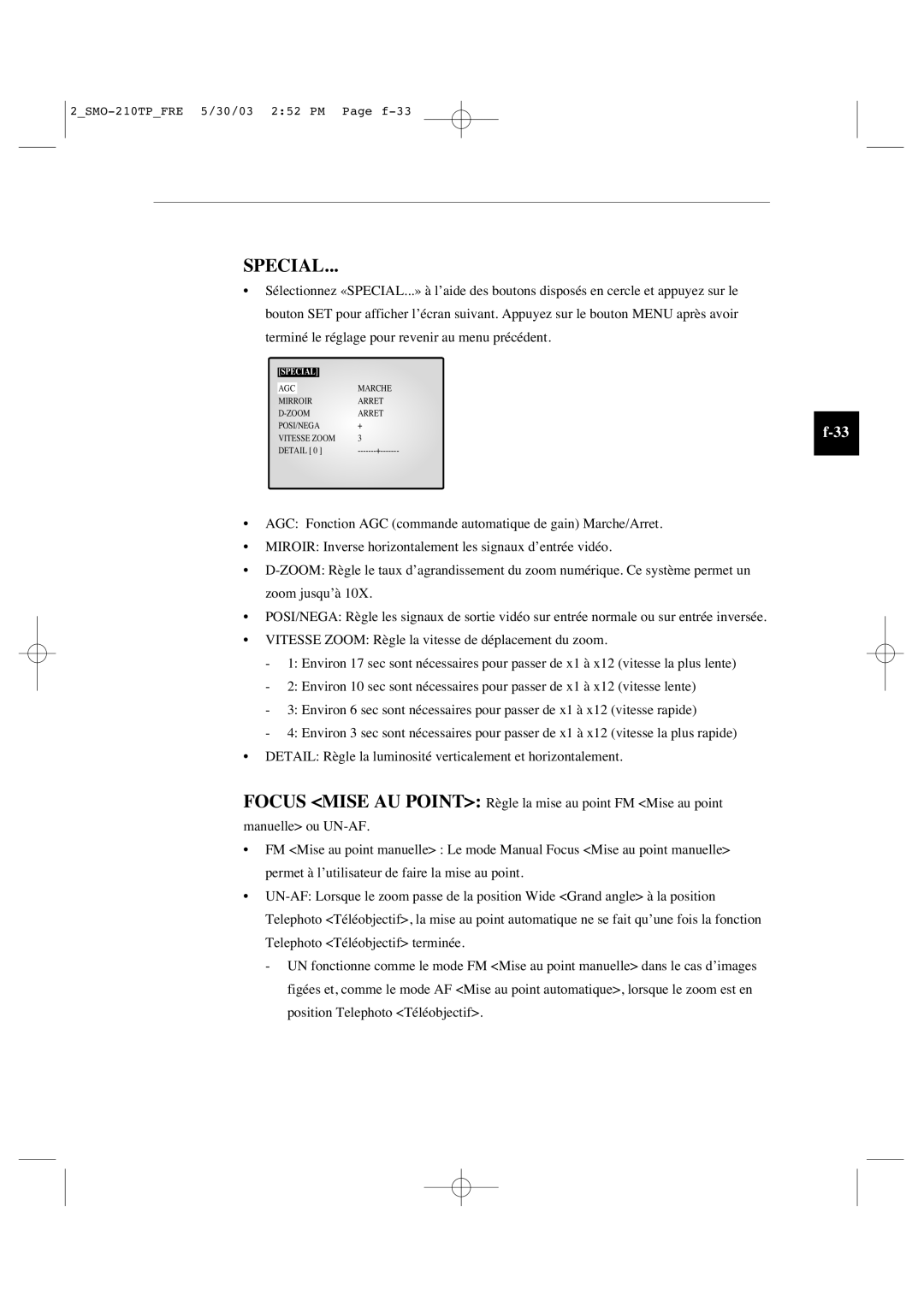 Samsung SMO-210TP manual Special, Focus Mise AU Point 