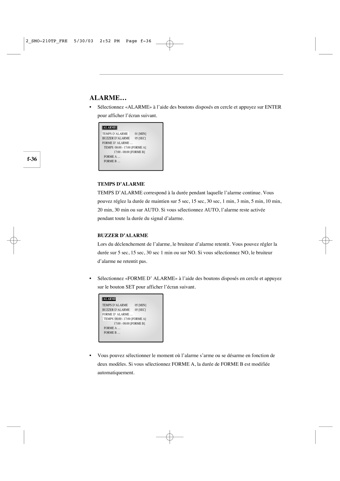 Samsung SMO-210TP manual Alarme…, Temps D’ALARME, Buzzer D’ALARME 