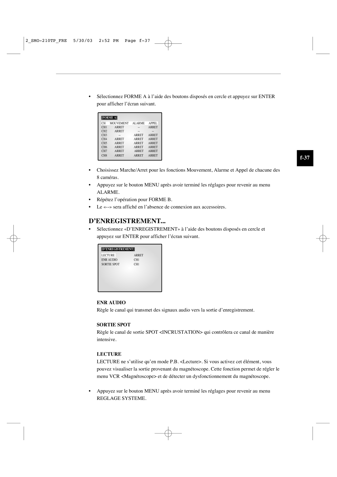 Samsung SMO-210TP manual ’Enregistrement, ENR Audio, Sortie Spot, Lecture 