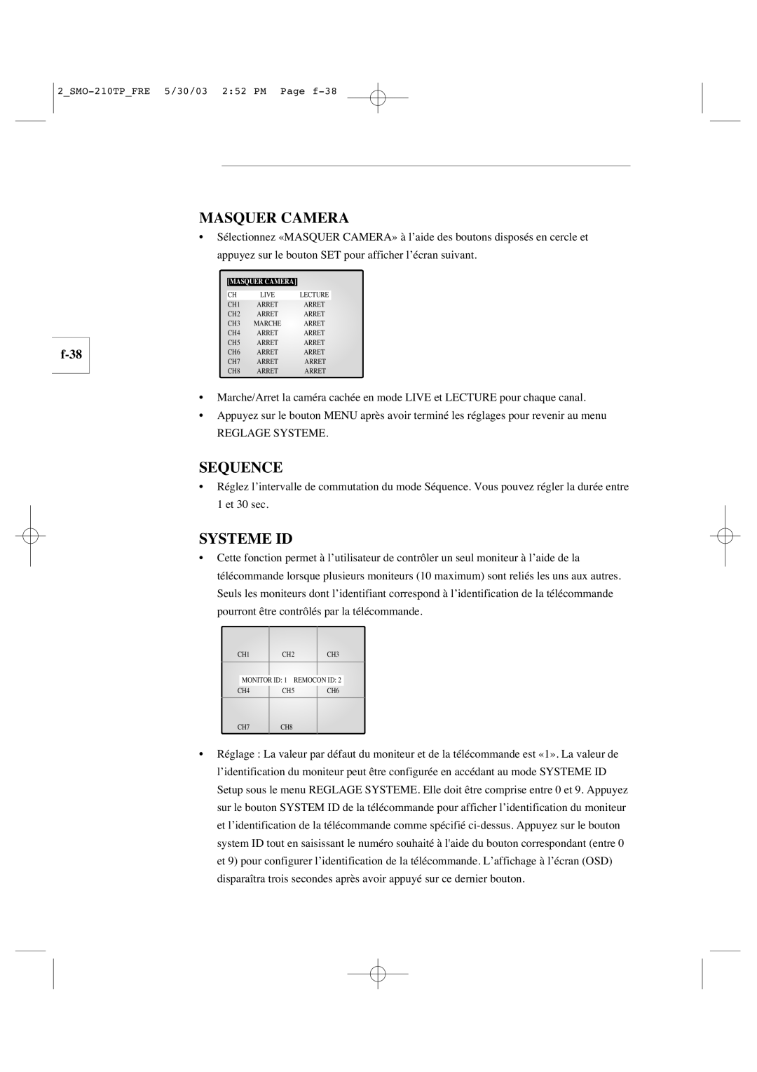 Samsung SMO-210TP manual Masquer Camera, Systeme ID 