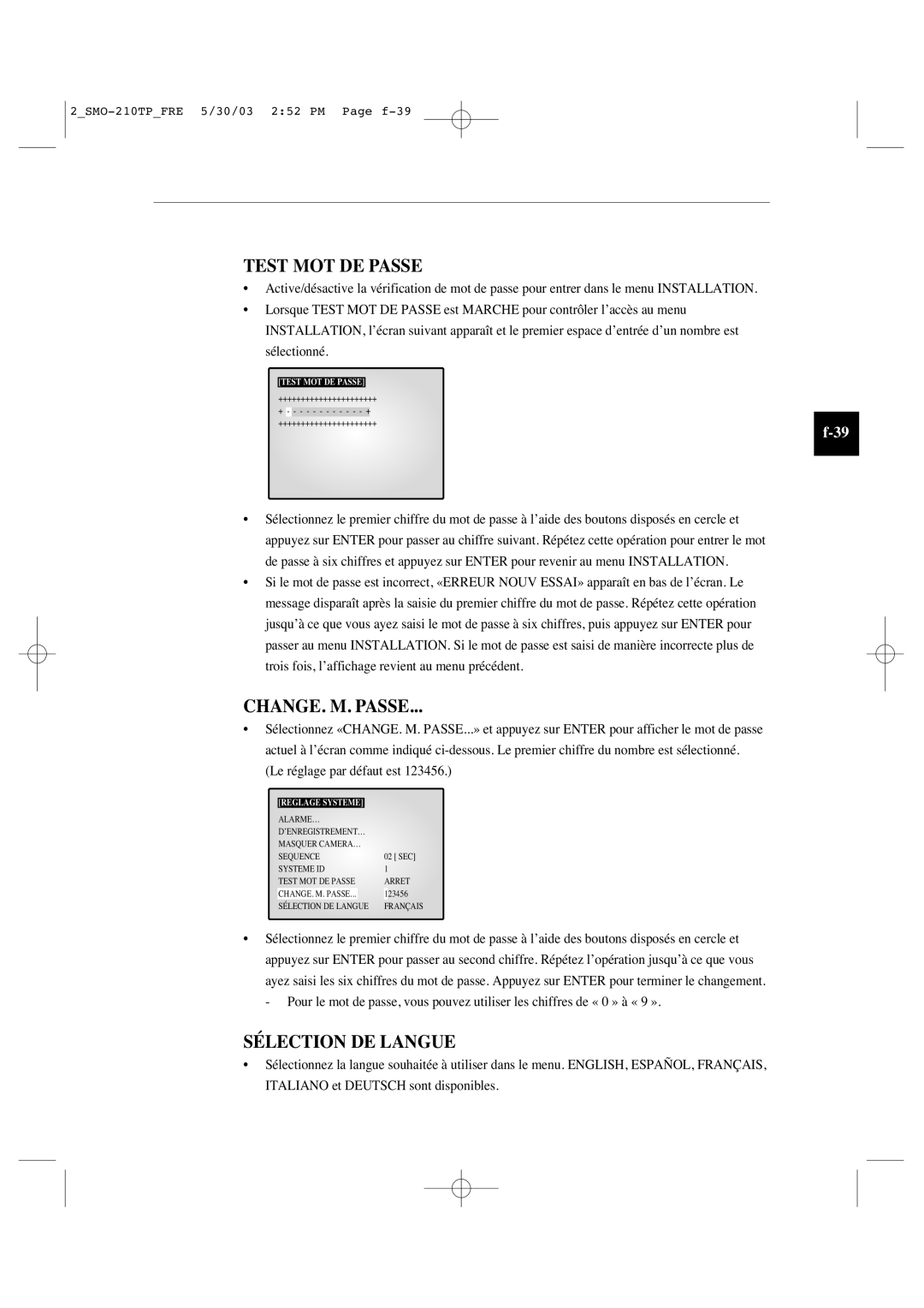 Samsung SMO-210TP manual Test MOT DE Passe, CHANGE. M. Passe, Sélection DE Langue 
