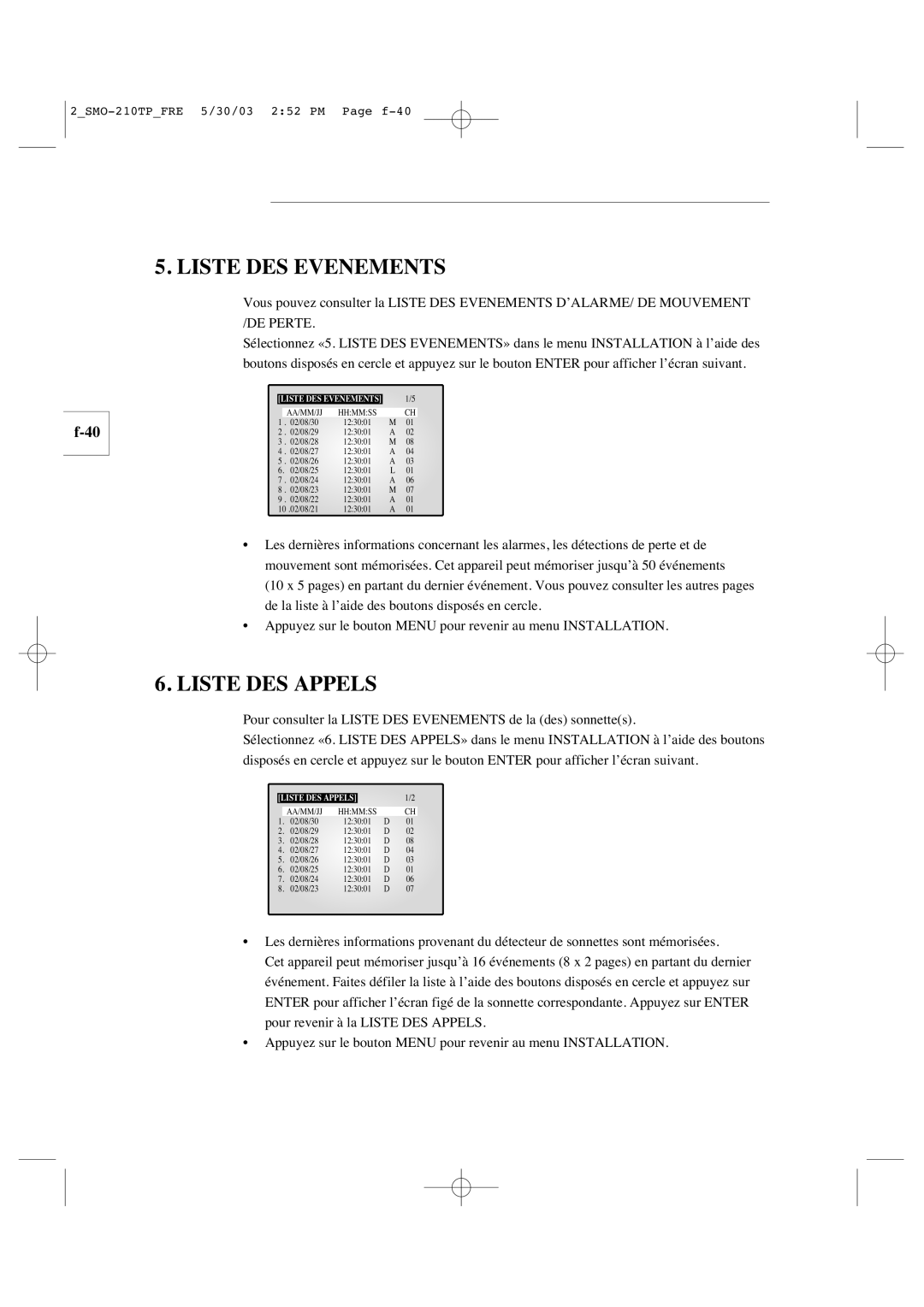 Samsung SMO-210TP manual Liste DES Evenements, Liste DES Appels 