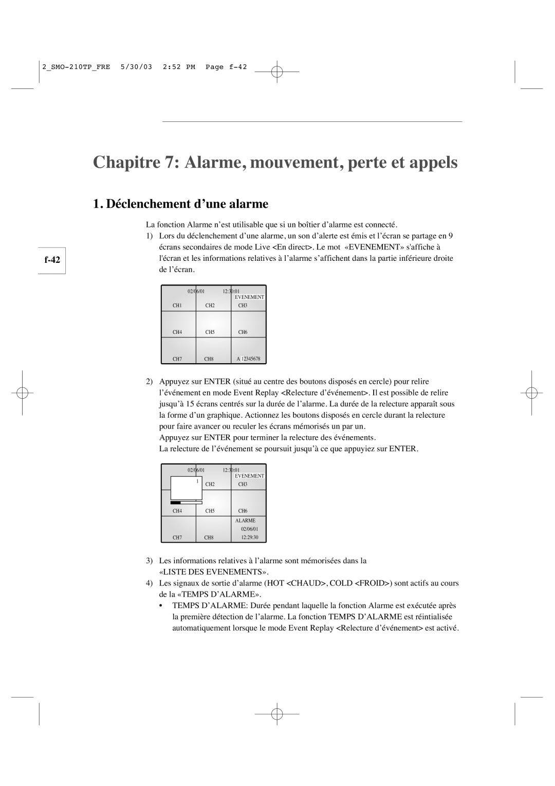 Samsung SMO-210TP manual Chapitre 7 Alarme, mouvement, perte et appels, Déclenchement d’une alarme, «Liste Des Evenements» 