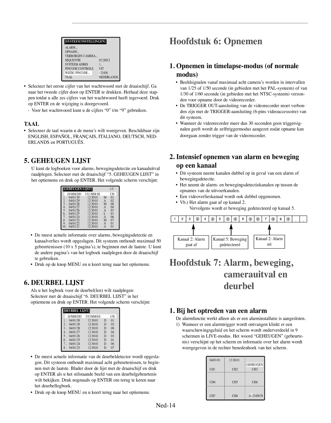 Samsung SMO-210TRP, SMO-210MP/UMG manual Hoofdstuk 6 Opnemen, Geheugen Lijst, Deurbel Lijst 