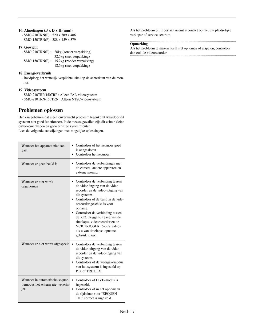 Samsung SMO-210MP/UMG, SMO-210TRP manual Problemen oplossen, Ned-17, Afmetingen B x D x H mm, Energieverbruik, Videosysteem 