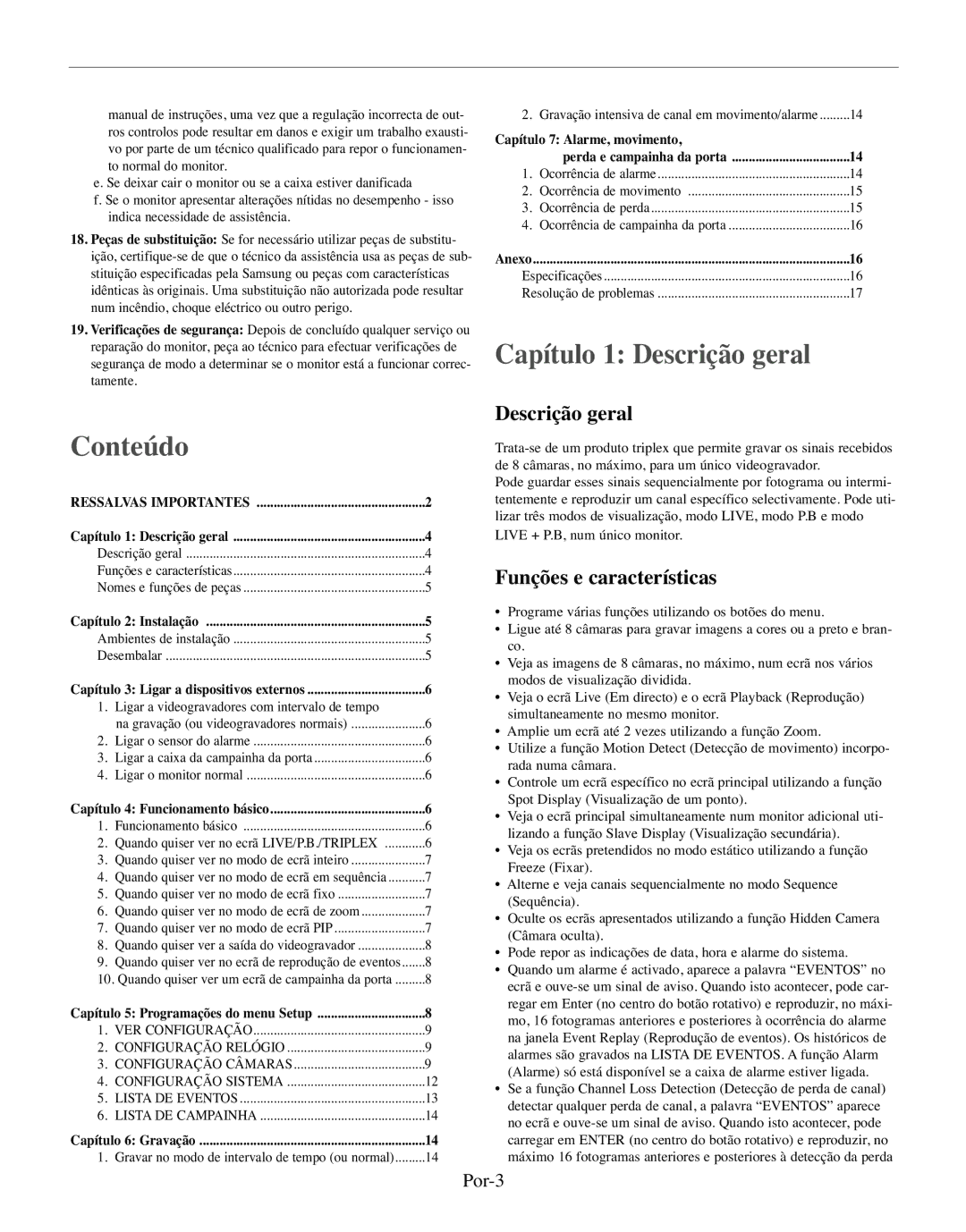 Samsung SMO-210TRP Capítulo 1 Descrição geral Conteúdo, Funções e características, Por-3, Capítulo 7 Alarme, movimento 