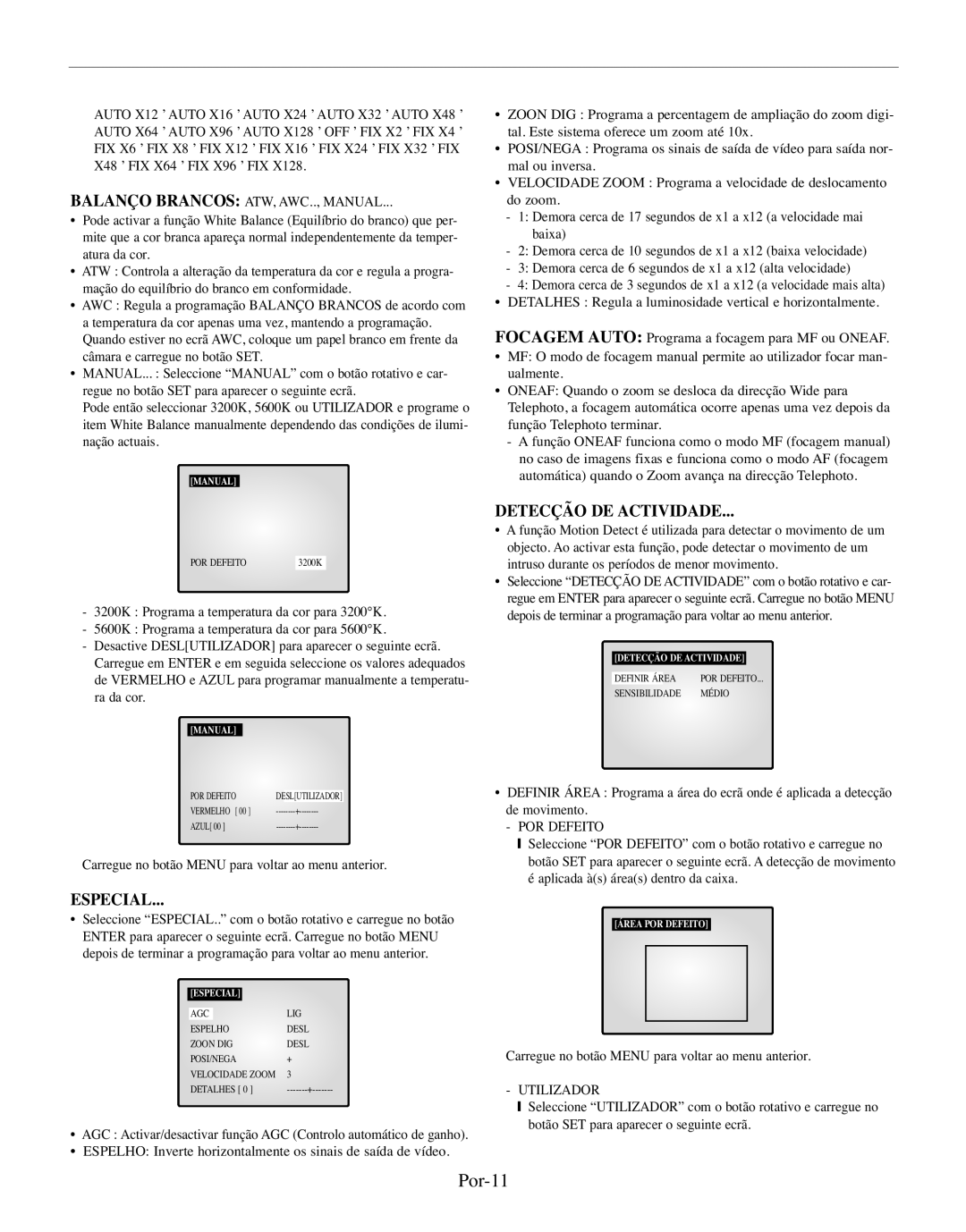 Samsung SMO-210TRP manual Por-11, Detecção DE Actividade, Balanço Brancos ATW, AWC.., Manual, POR Defeito, Utilizador 