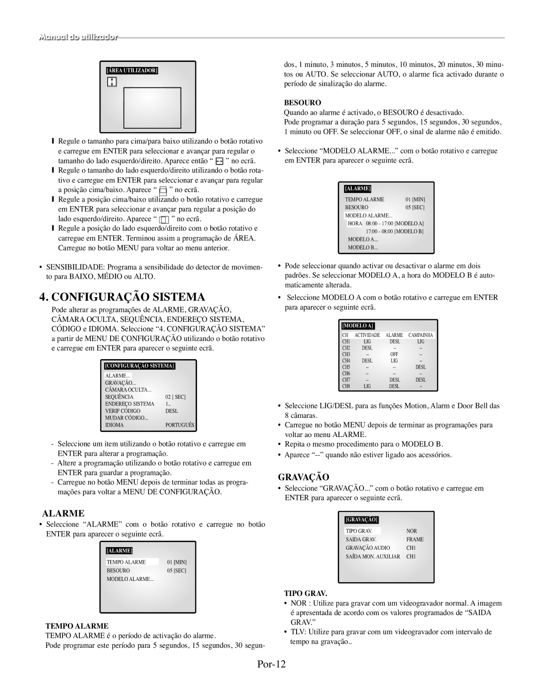 Samsung SMO-210MP/UMG, SMO-210TRP manual Configuração Sistema, Por-12, Gravação, Alarme 