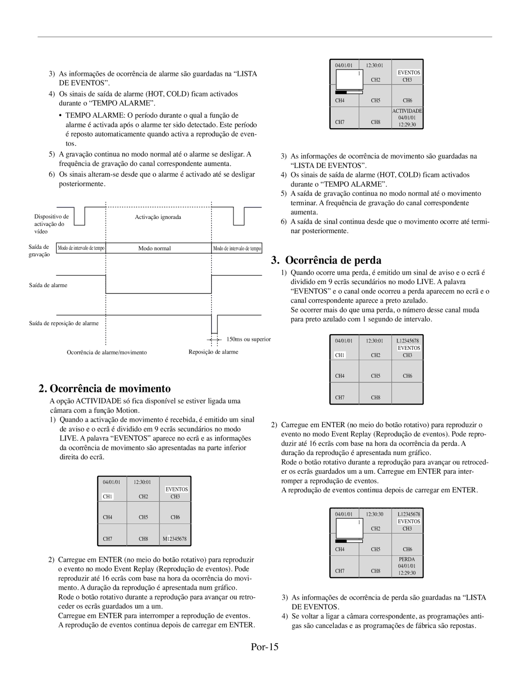 Samsung SMO-210TRP, SMO-210MP/UMG manual Ocorrência de perda, Ocorrência de movimento, Por-15, Lista DE Eventos 