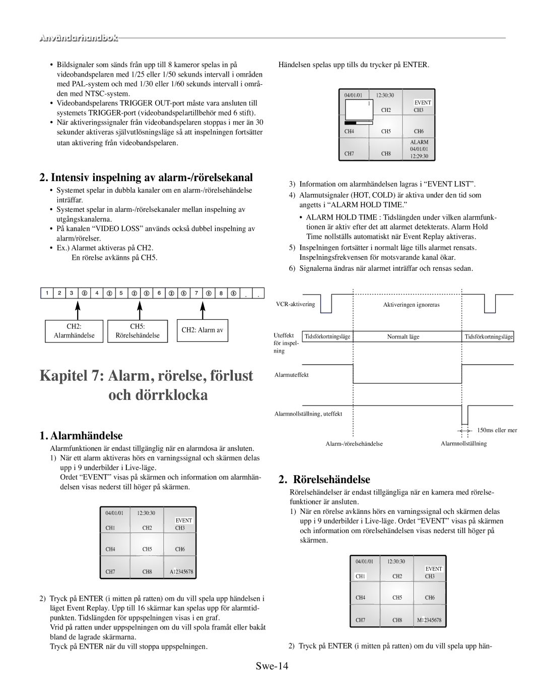 Samsung SMO-210MP/UMG, SMO-210TRP manual Intensiv inspelning av alarm-/rörelsekanal, Alarmhändelse, Rörelsehändelse, Swe-14 