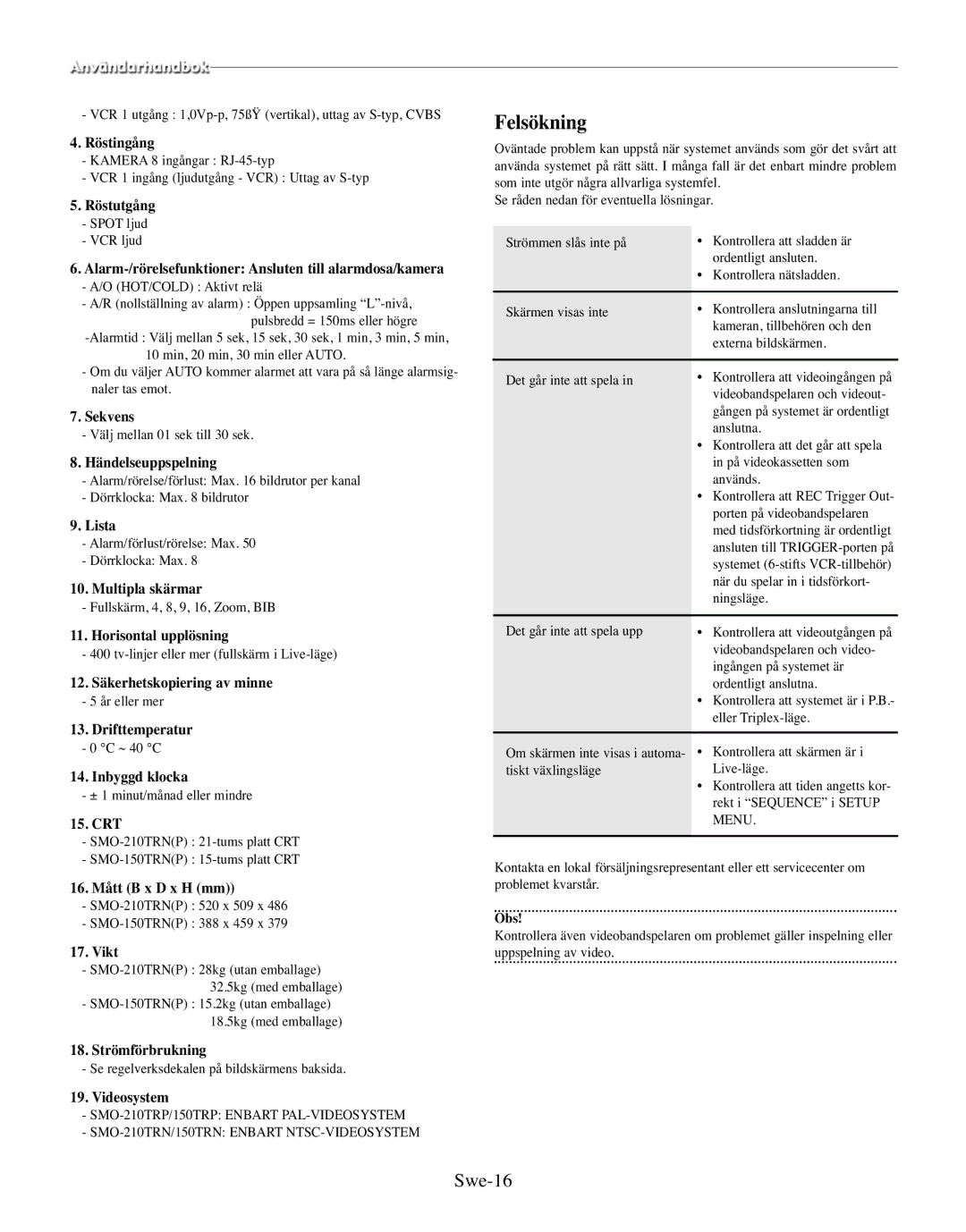 Samsung SMO-210MP/UMG, SMO-210TRP manual Felsökning, Swe-16 