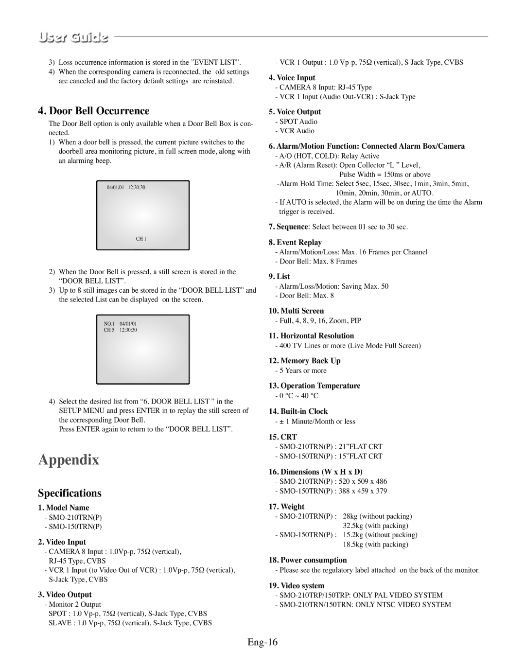 Samsung SMO-210TRP, SMO-210MP/UMG manual Appendix, Door Bell Occurrence, Specifications, Eng-16 