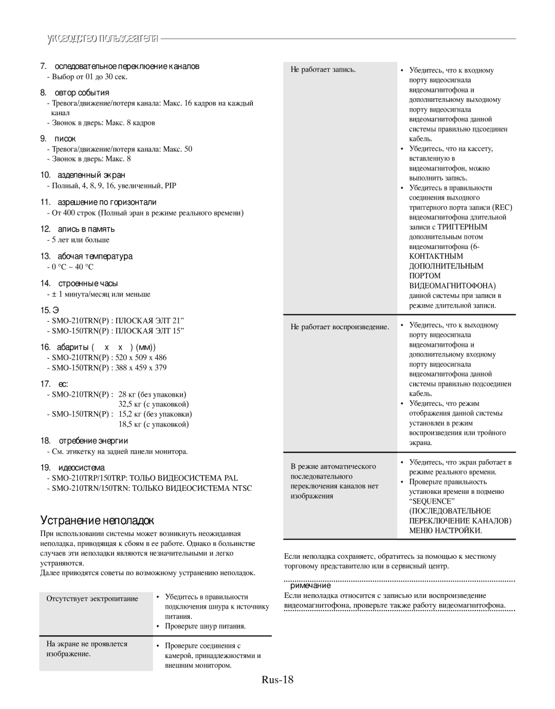 Samsung SMO-210TRP, SMO-210MP/UMG manual Устранение неполадок, Rus-18 