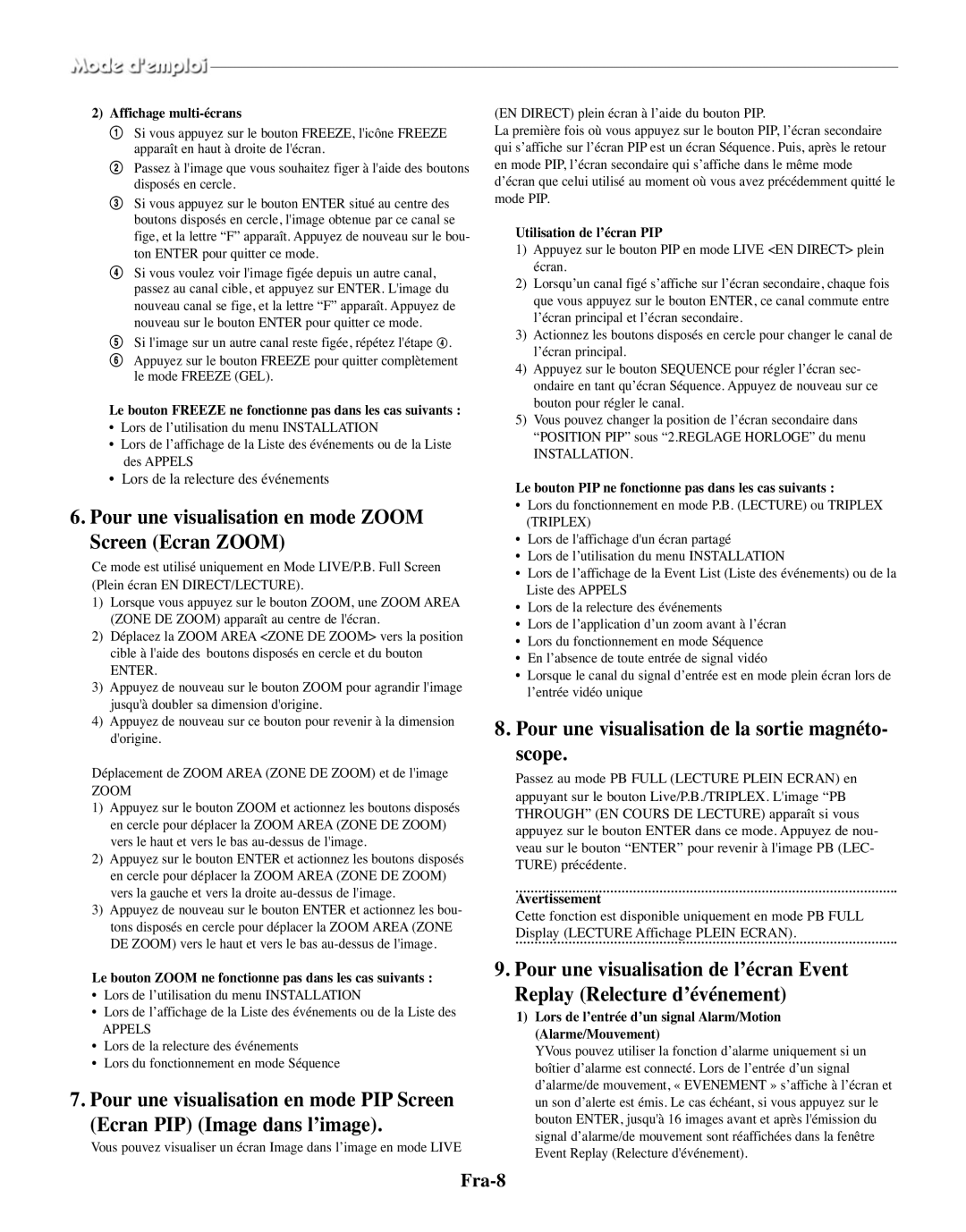 Samsung SMO-210MP/UMG, SMO-210TRP manual Pour une visualisation en mode Zoom Screen Ecran Zoom, Fra-8 